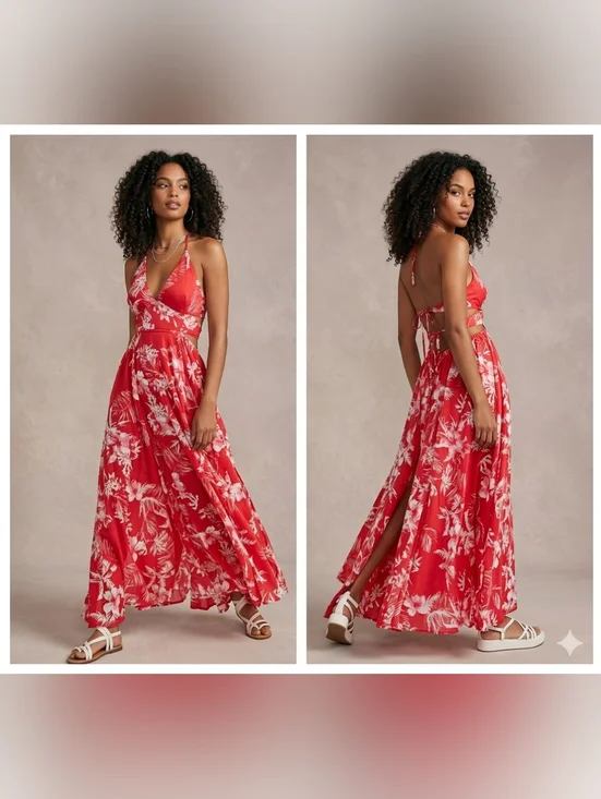 Red Floral Halter Maxi Dress - Women - Picture 1 of 2